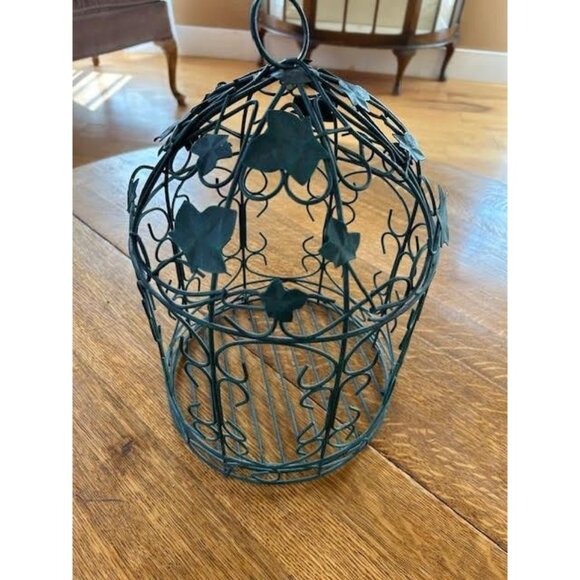Green Metal Wire Birdcage Ivy Leaf Romantic Decor Candle Plant Holder Hanging - Picture 1 of 7